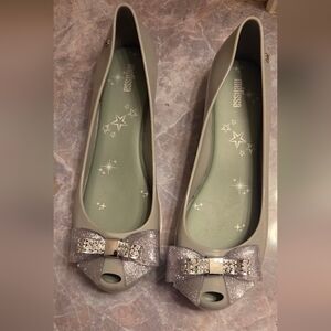 Melissa Women's Light Green Peep-Toe Flats with Glitter Bow